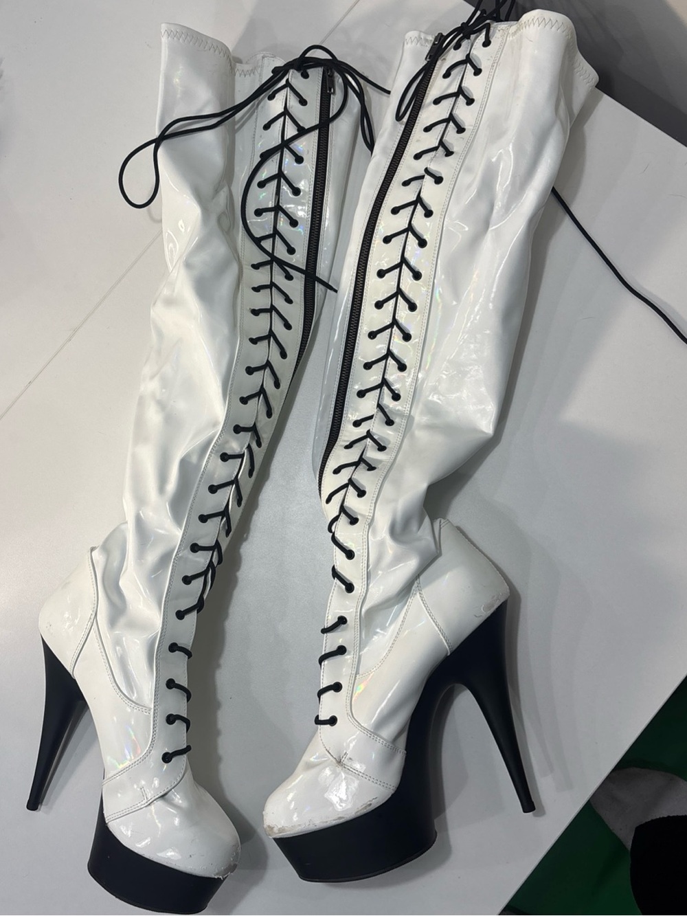White Lace-Up Thigh High Platform Boots - Women's Pleaser pole dance heels